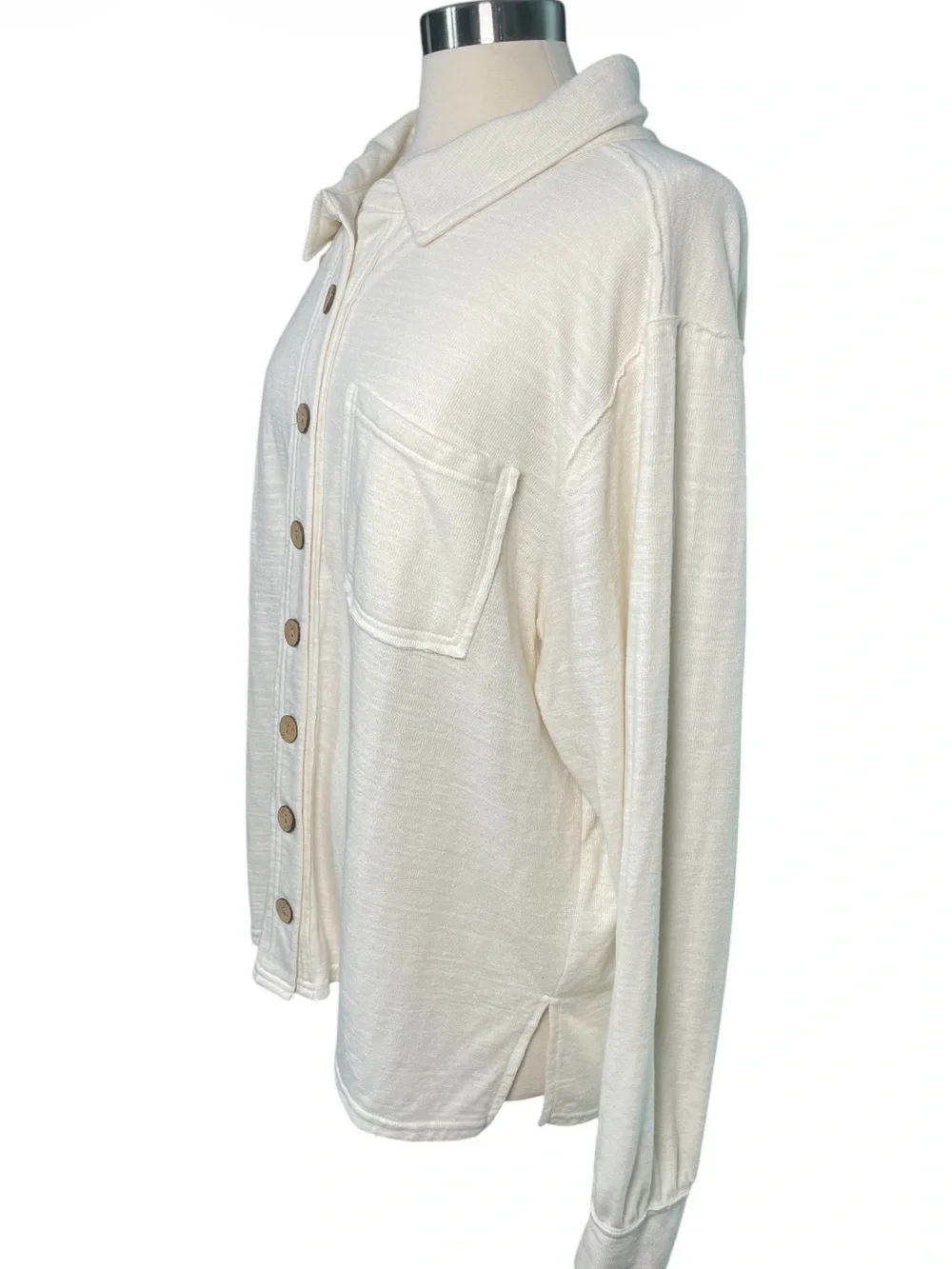 Cream Button-Front Collared Shirt Jacket - Picture 4 of 8
